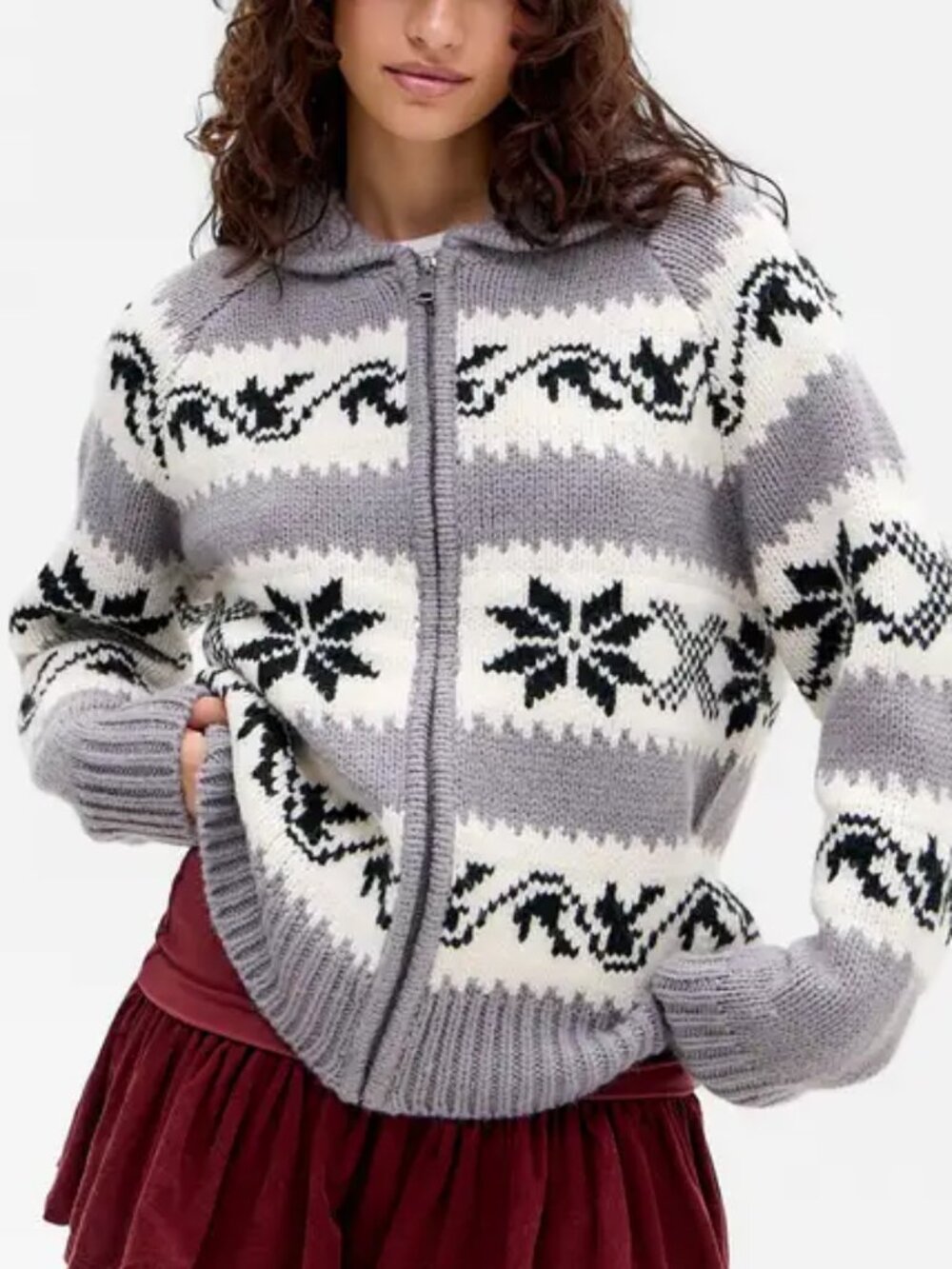 BDG Urban Outfitters Grey White Nordic Oversized Chunky Zip Cardigan sz M NWT